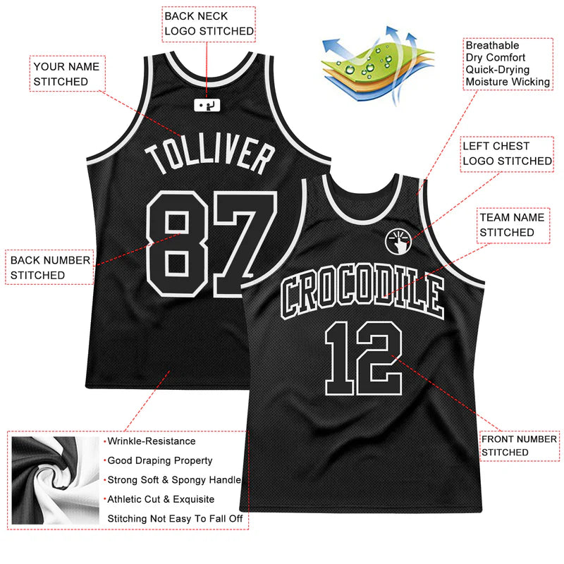 Custom Black Black-White Authentic Throwback Basketball Jersey