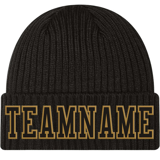 Custom Black Black-Old Gold Stitched Cuffed Knit Hat
