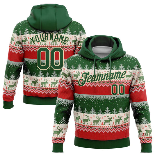 Custom Stitched Red Green-Cream 3D Christmas Reindeers Sports Pullover Sweatshirt Hoodie