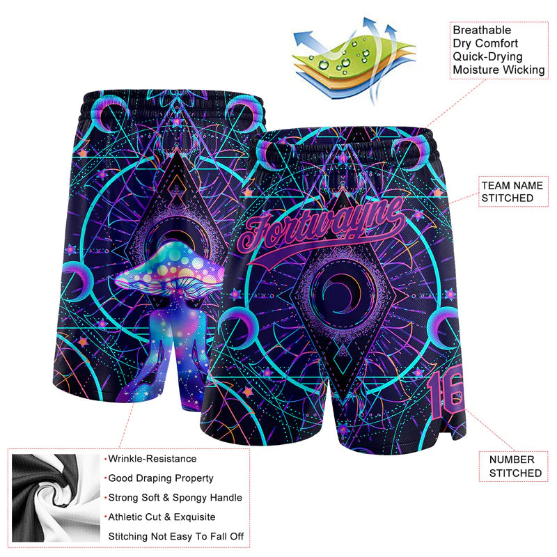 Custom Black Purple-Pink 3D Pattern Magic Mushrooms Over Sacred Geometry Psychedelic Hallucination Authentic Basketball Shorts