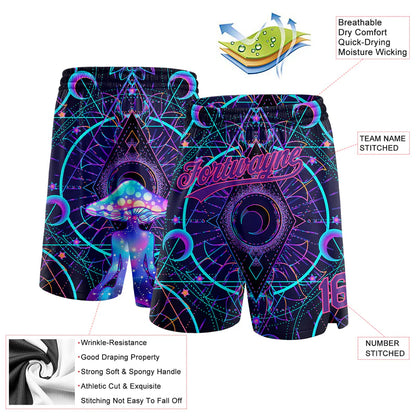 Custom Black Purple-Pink 3D Pattern Magic Mushrooms Over Sacred Geometry Psychedelic Hallucination Authentic Basketball Shorts