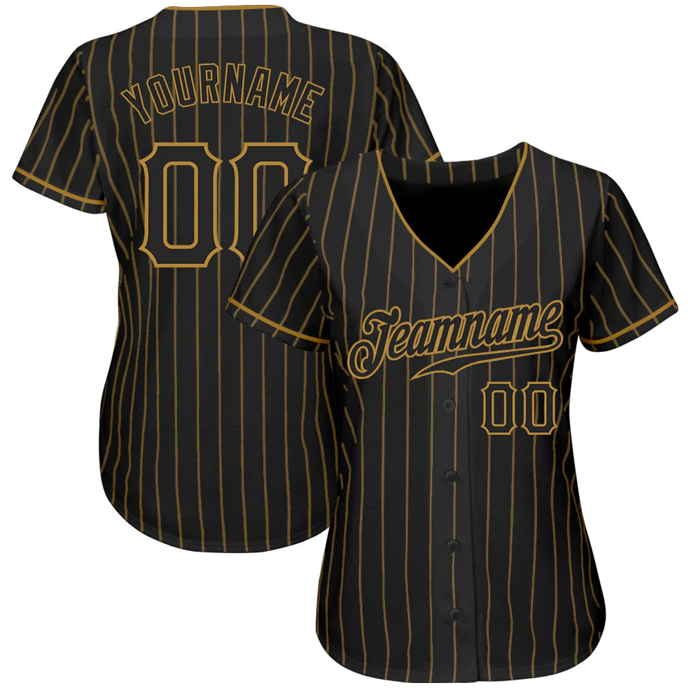 Custom Black Old Gold Pinstripe Black Authentic Baseball Jersey