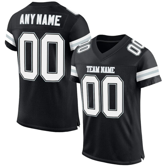 Custom Black White-Silver Mesh Authentic Football Jersey