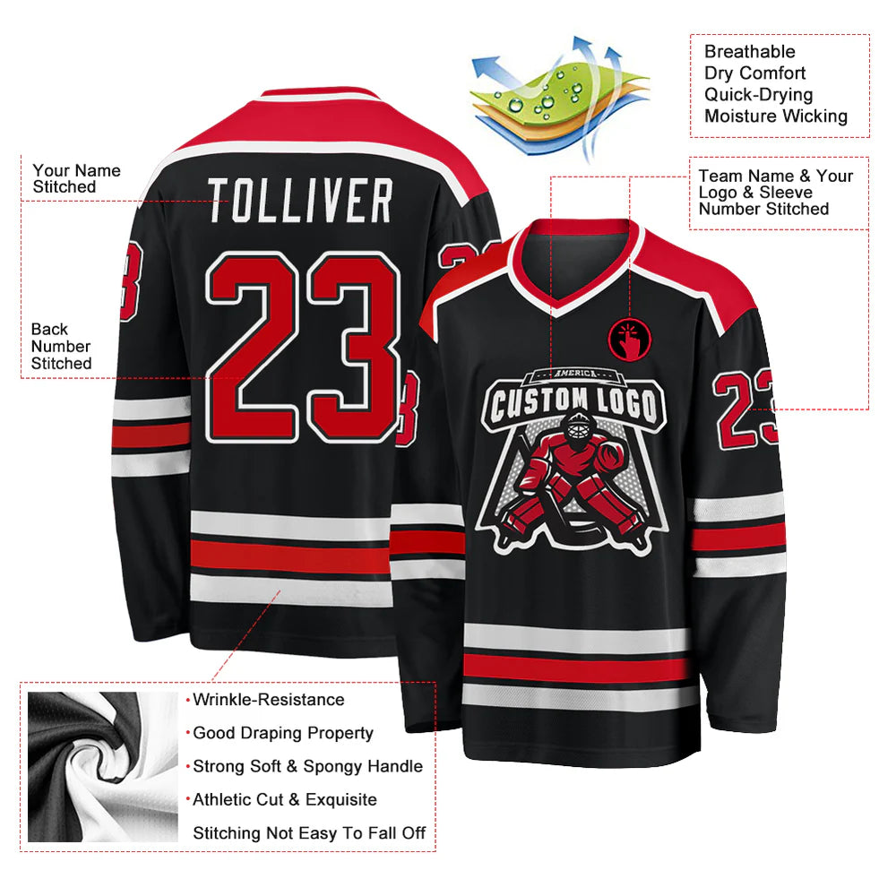 Custom Black Red-White Hockey Jersey