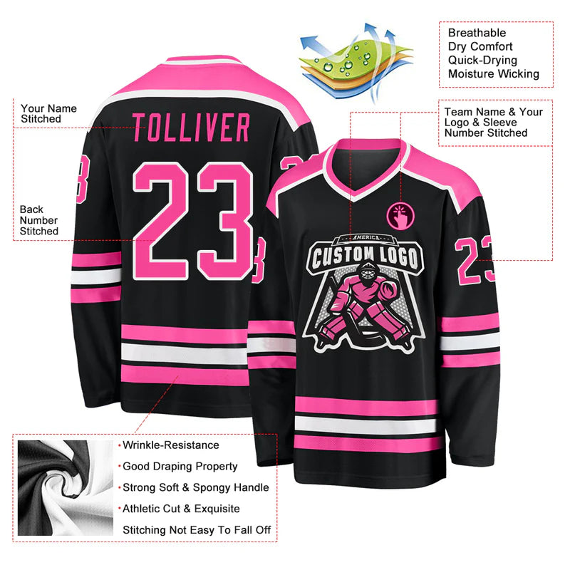 Custom Black Pink-White Hockey Jersey