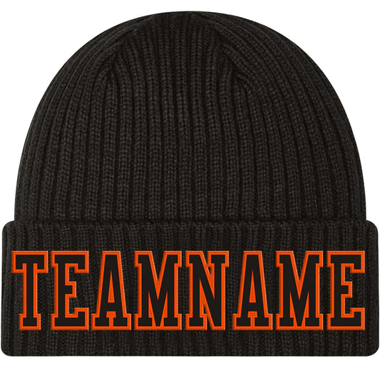 Custom Black Black-Orange Stitched Cuffed Knit Hat