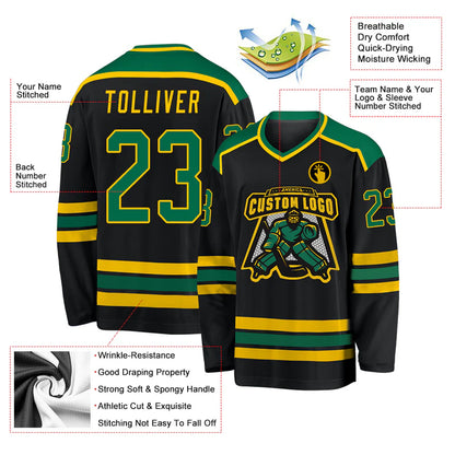 Custom Black Kelly Green-Gold Hockey Jersey