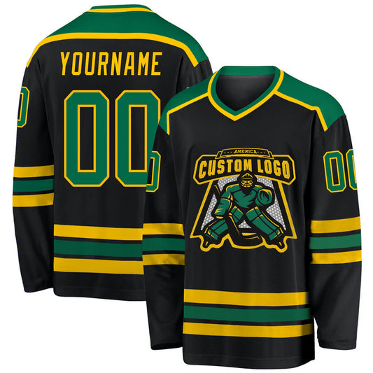 Custom Black Kelly Green-Gold Hockey Jersey