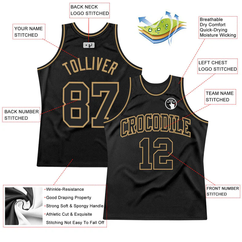 Custom Black Black-Old Gold Authentic Throwback Basketball Jersey