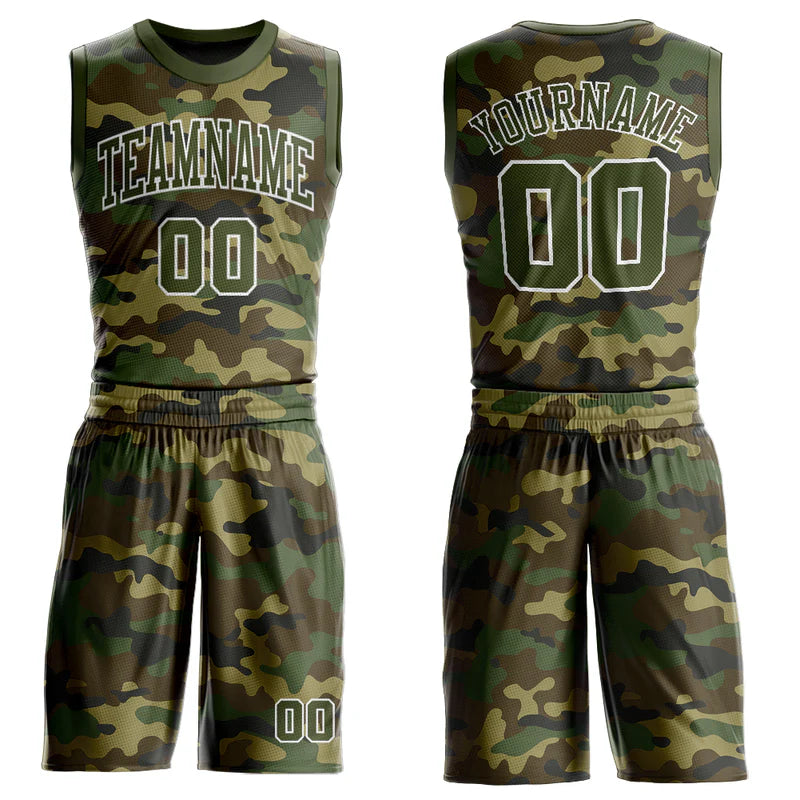 Custom Camo Olive-White Round Neck Sublimation Salute To Service Basketball Suit Jersey