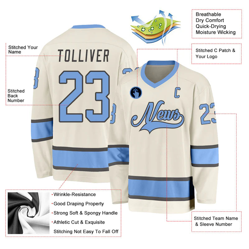 Custom Cream Light Blue-Steel Gray Hockey Jersey