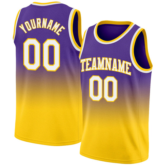 Custom Purple White-Gold Authentic Fade Fashion Basketball Jersey