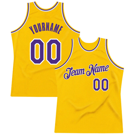 Custom Gold Purple-White Authentic Throwback Basketball Jersey