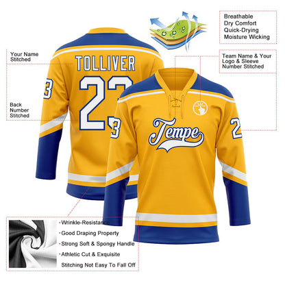 Custom Gold White-Royal Hockey Lace Neck Jersey