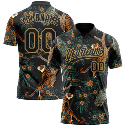 Custom Black Black-Old Gold 3D Pattern Design Tiger And Peacock Performance Vapor Golf Polo Shirt