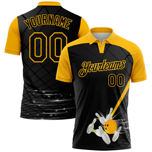 Custom Black Gold 3D Pattern Design Bowling Performance Polo Shirt