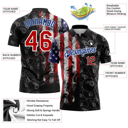 Custom Black Red-Royal 3D Pattern Design Billiards Snooker 8 Ball American Flag Performance Polo Shirt