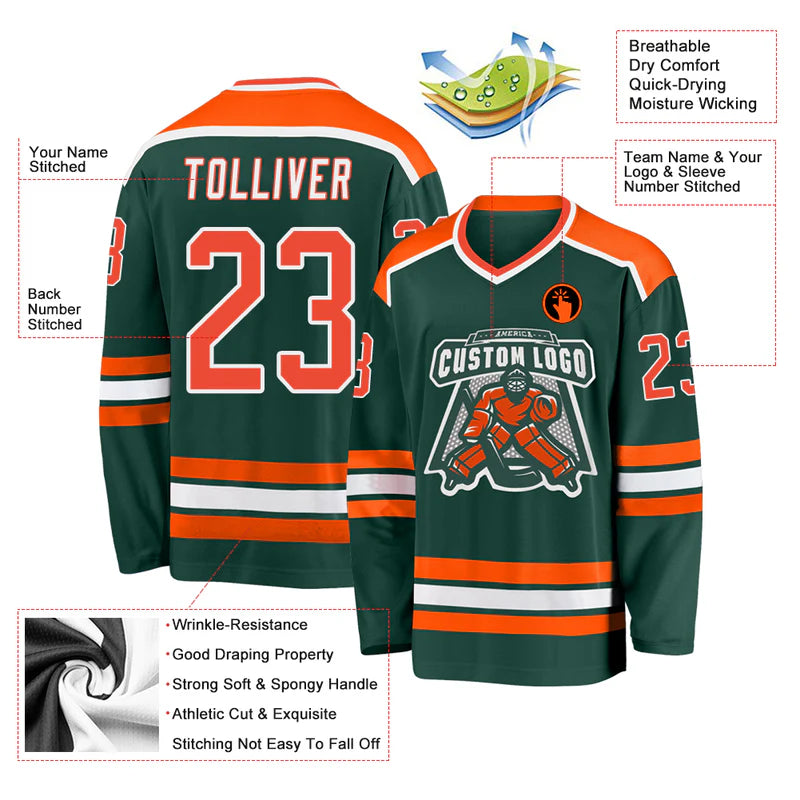 Custom Green Orange-White Hockey Jersey