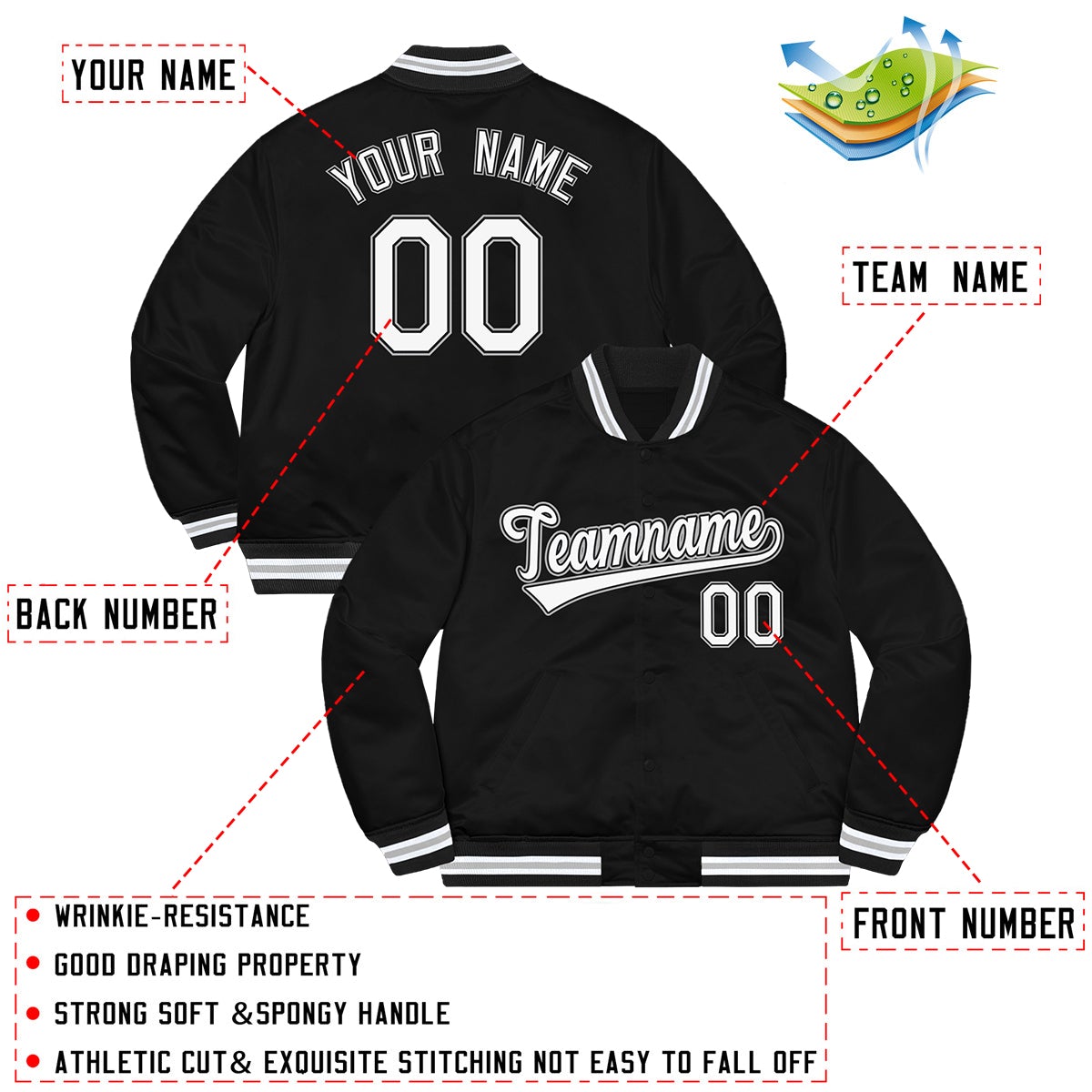 Black White-Gray Letterman Solider Classic Style Varsity Full-Snap Jacket