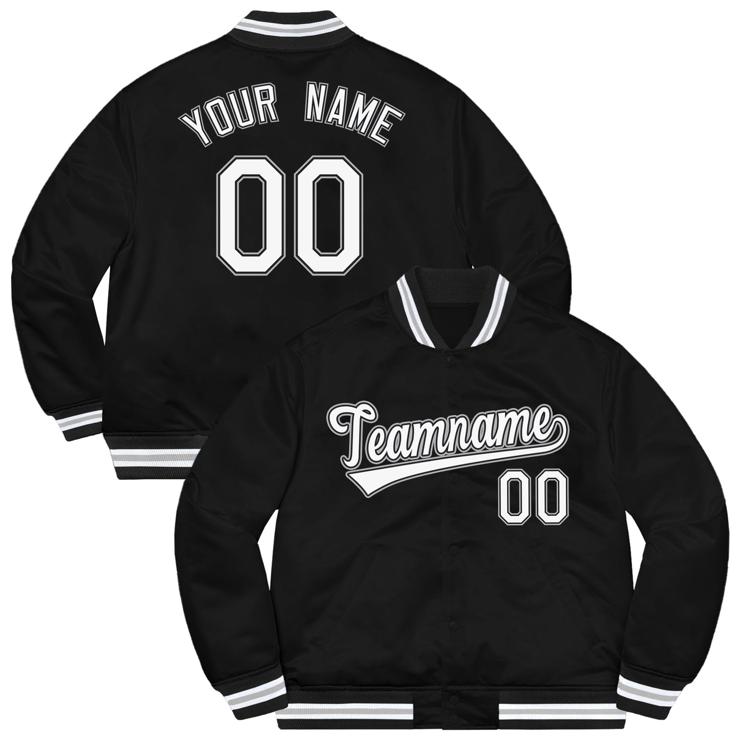 Black White-Gray Letterman Solider Classic Style Varsity Full-Snap Jacket