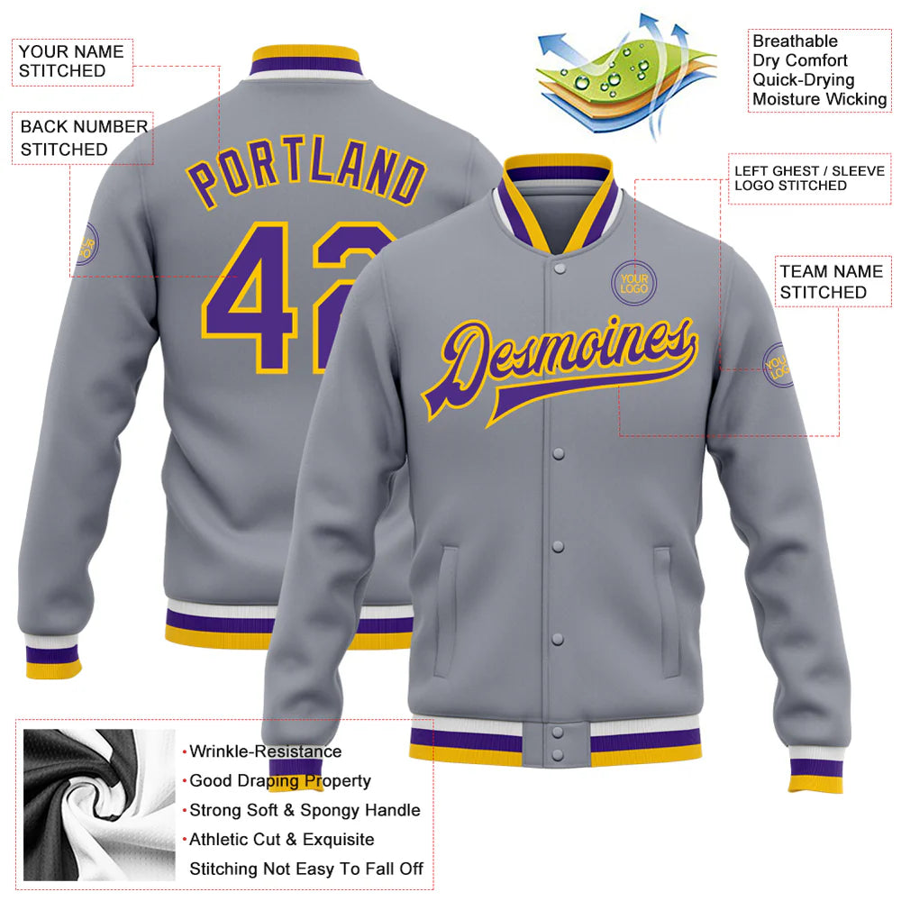 Custom Gray Purple-Gold Bomber Full-Snap Varsity Letterman Jacket