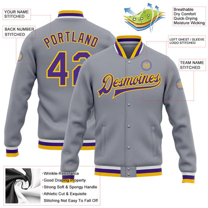 Custom Gray Purple-Gold Bomber Full-Snap Varsity Letterman Jacket