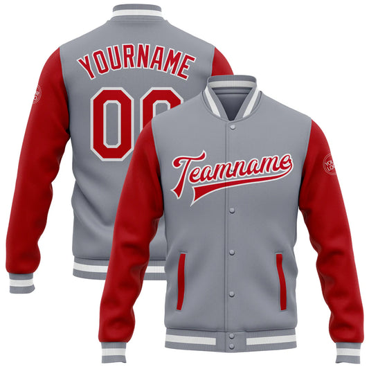 Custom Gray Red-White Bomber Full-Snap Varsity Letterman Two Tone Jacket