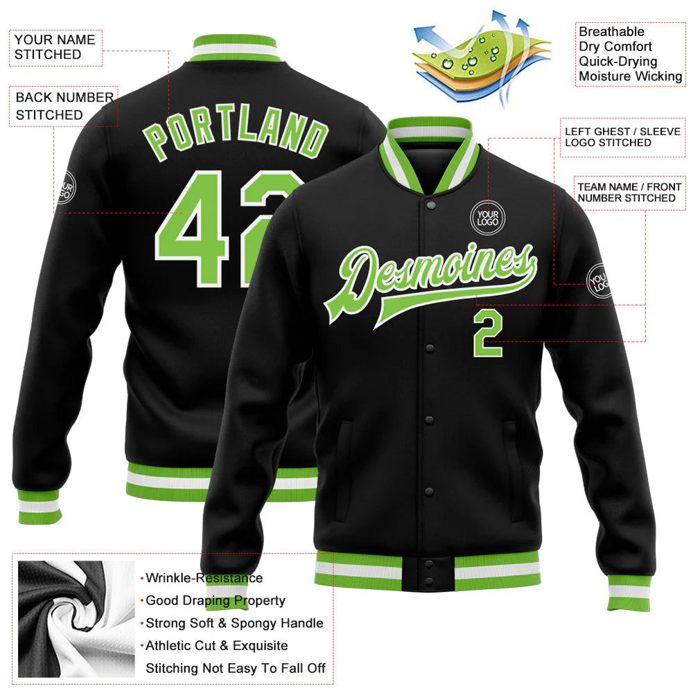 Custom Black Neon Green-White Bomber Full-Snap Varsity Letterman Jacket