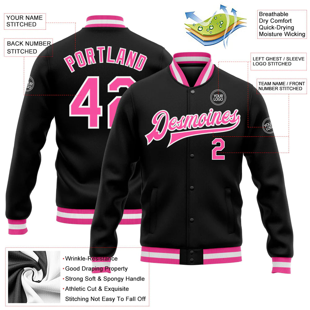 Custom Black Pink-White Bomber Full-Snap Varsity Letterman Jacket