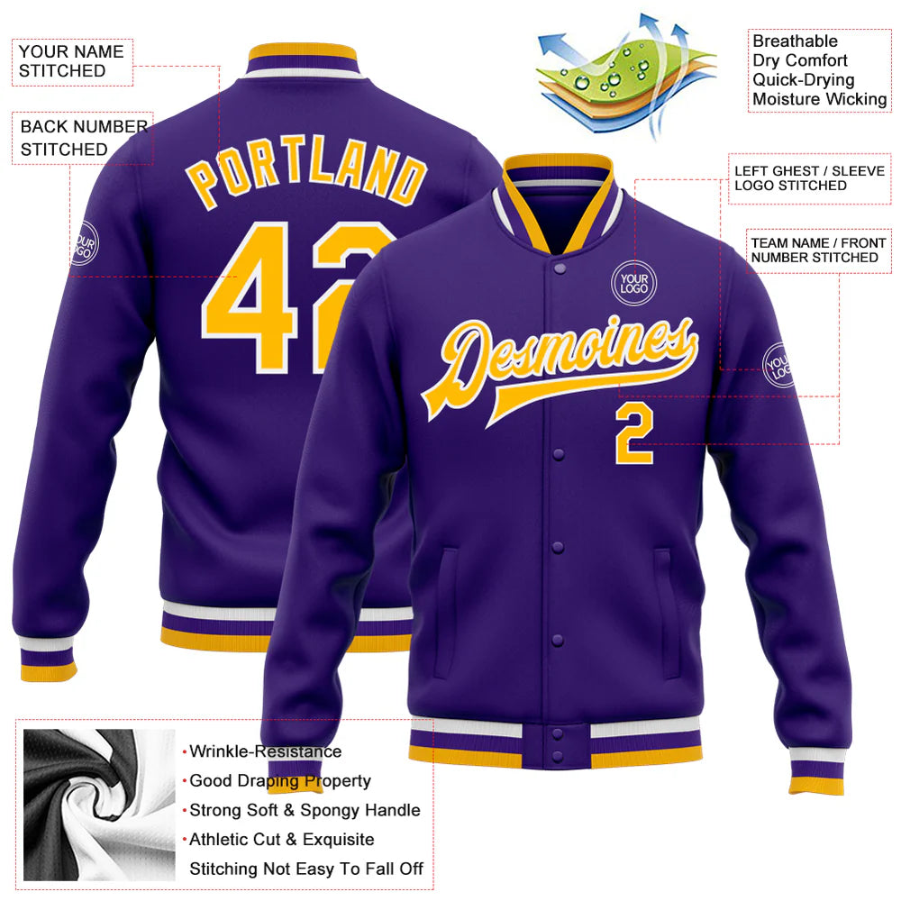 Custom Purple Gold-White Bomber Full-Snap Varsity Letterman Jacket