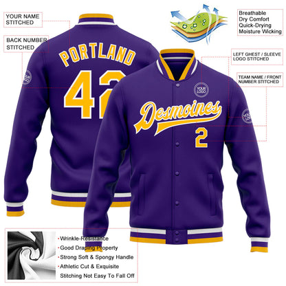 Custom Purple Gold-White Bomber Full-Snap Varsity Letterman Jacket