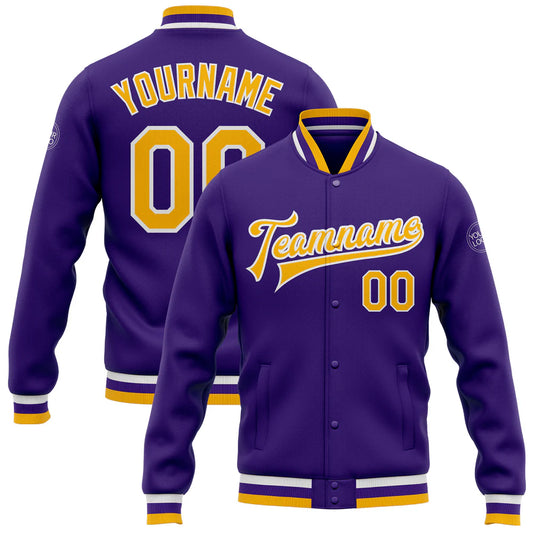 Custom Purple Gold-White Bomber Full-Snap Varsity Letterman Jacket