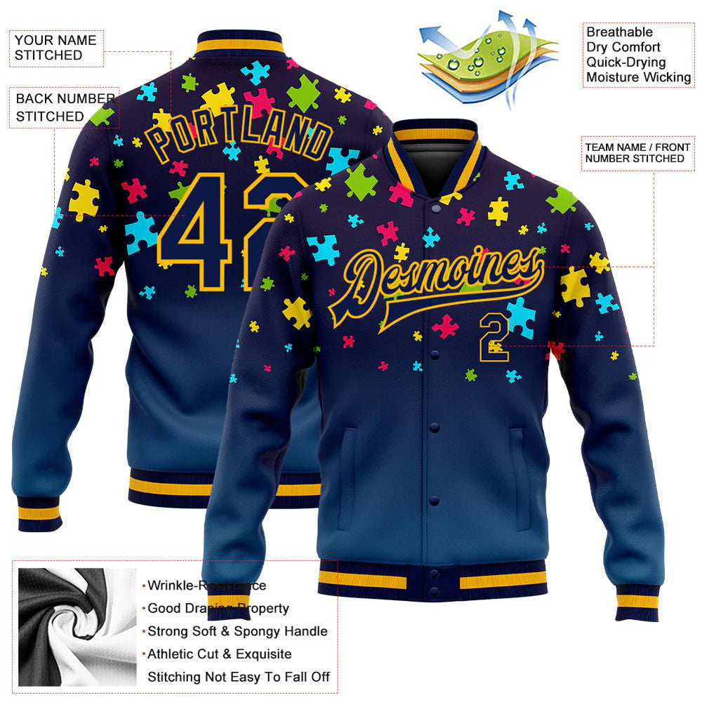 Custom Autism Awareness Puzzle Pieces Navy-Gold 3D Bomber Full-Snap Varsity Letterman Jacket