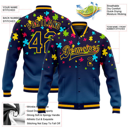 Custom Autism Awareness Puzzle Pieces Navy-Gold 3D Bomber Full-Snap Varsity Letterman Jacket