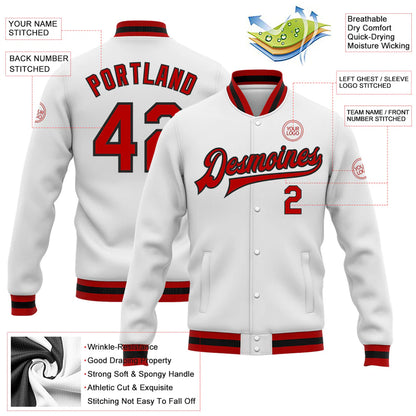 Custom White Red-Black Bomber Full-Snap Varsity Letterman Jacket