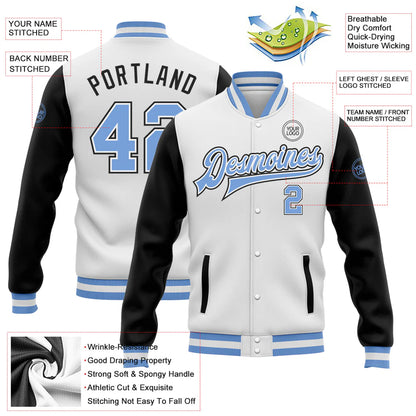 Custom White Light Blue-Black Bomber Full-Snap Varsity Letterman Two Tone Jacket