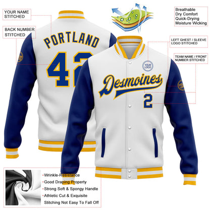 Custom White Royal-Gold Bomber Full-Snap Varsity Letterman Two Tone Jacket