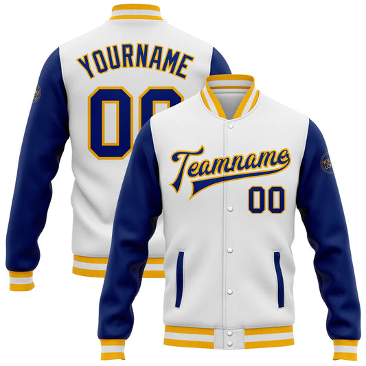 Custom White Royal-Gold Bomber Full-Snap Varsity Letterman Two Tone Jacket