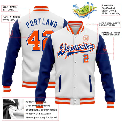 Custom White Orange-Royal Bomber Full-Snap Varsity Letterman Two Tone Jacket