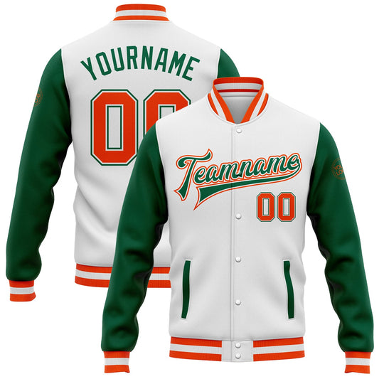 Custom White Orange-Kelly Green Bomber Full-Snap Varsity Letterman Two Tone Jacket