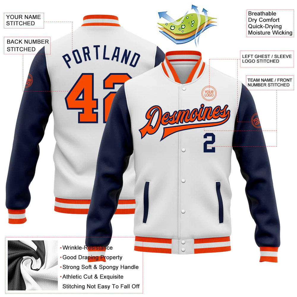 Custom White Orange-Navy Bomber Full-Snap Varsity Letterman Two Tone Jacket