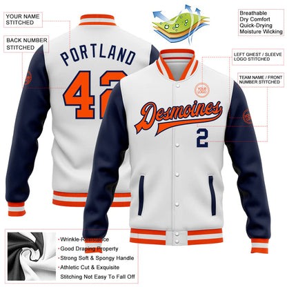 Custom White Orange-Navy Bomber Full-Snap Varsity Letterman Two Tone Jacket