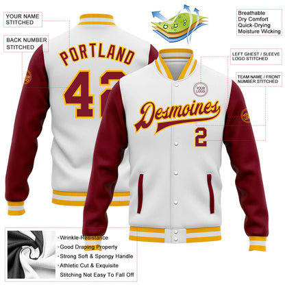 Custom White Crimson-Gold Bomber Full-Snap Varsity Letterman Two Tone Jacket