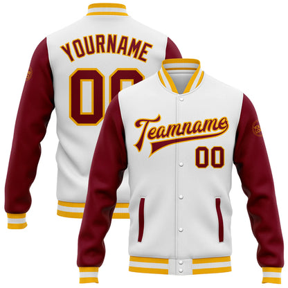 Custom White Crimson-Gold Bomber Full-Snap Varsity Letterman Two Tone Jacket