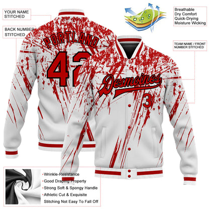 Custom White Red-Black 3D Pattern Design Bomber Full-Snap Varsity Letterman Jacket