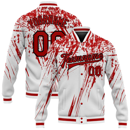 Custom White Red-Black 3D Pattern Design Bomber Full-Snap Varsity Letterman Jacket