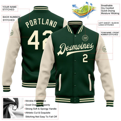 Custom Green Cream Bomber Full-Snap Varsity Letterman Two Tone Jacket