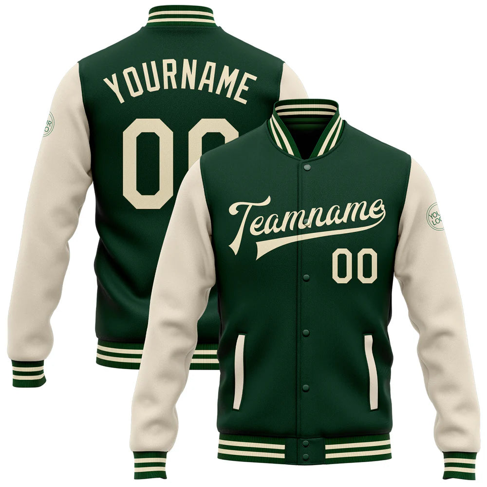 Custom Green Cream Bomber Full-Snap Varsity Letterman Two Tone Jacket