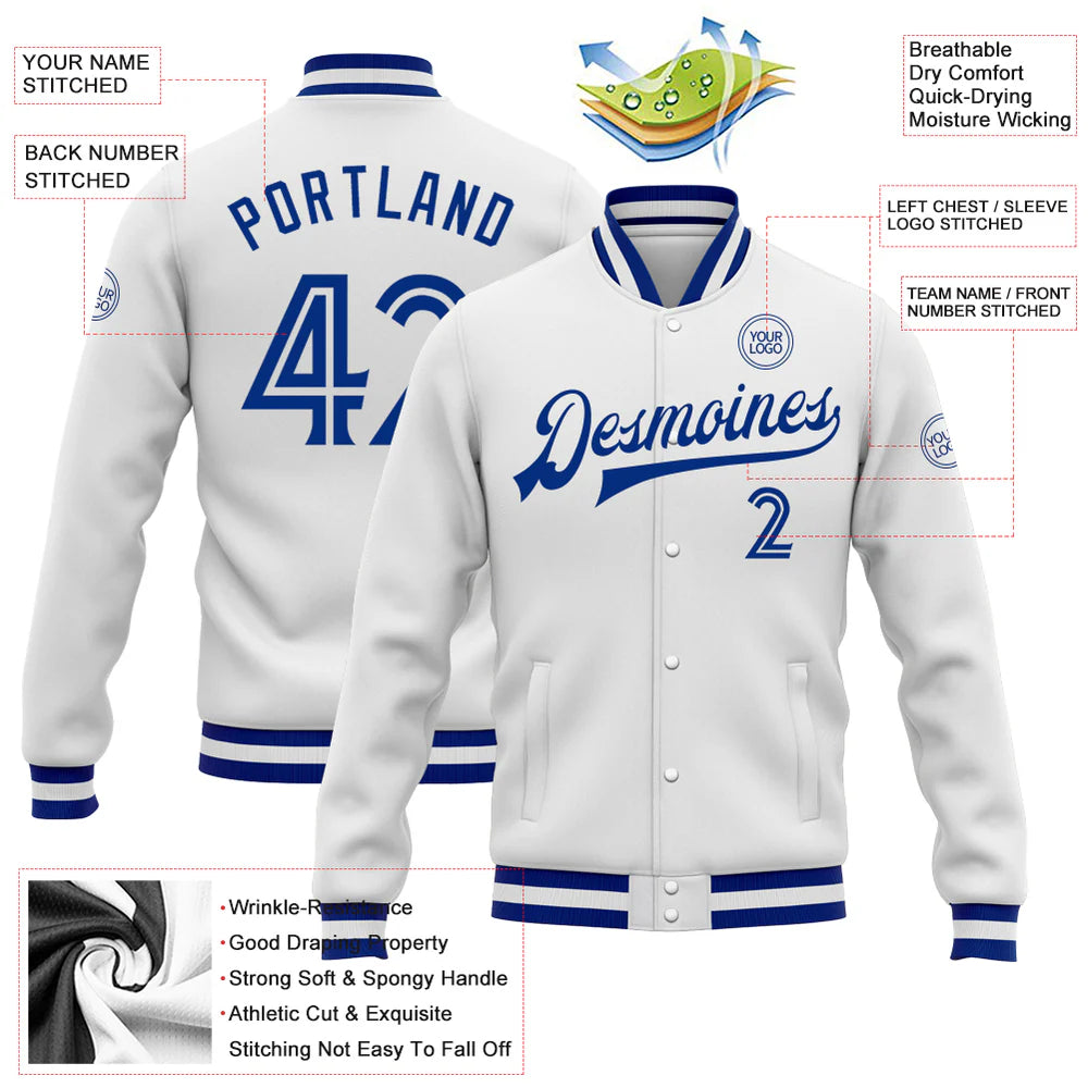 Custom White White-Royal Bomber Full-Snap Varsity Letterman Jacket