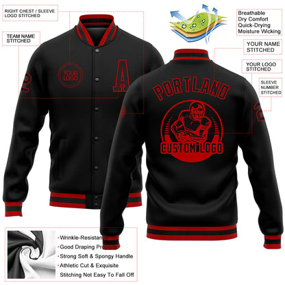 Custom Black Black-Red Bomber Full-Snap Varsity Letterman Jacket